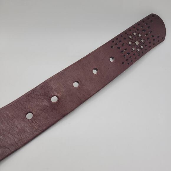 Brown Leather Belt Medium Floral Studded Boho Western Cowgirl Rustic Embellished